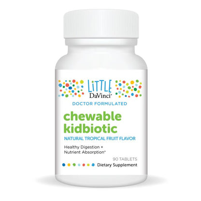 A bottle of Davinci Labs Chewable KidBiotic in natural tropical fruit flavor, with 90 chewable tablets formulated to support healthy digestion and nutrient absorption.