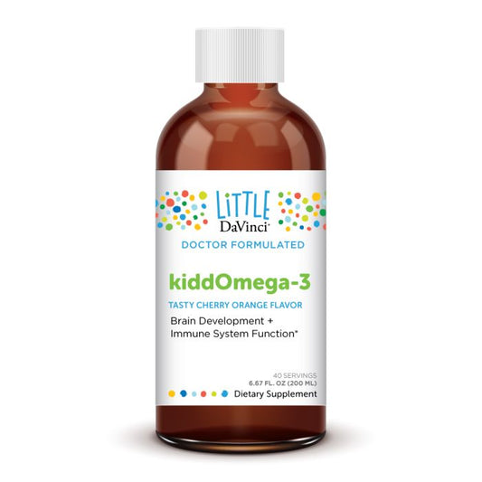 A bottle of Davinci Labs KiddOmega-3, a dietary supplement with a tasty cherry orange flavor, formulated to support brain development and immune system function.