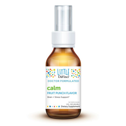 A bottle of Davinci Labs Calm dietary supplement in fruit punch flavor, formulated to support brain and stress relief, with a child-friendly design.