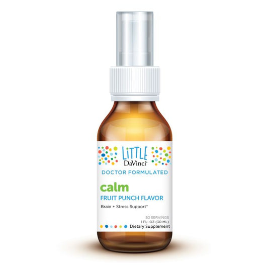 A bottle of Davinci Labs Calm dietary supplement in fruit punch flavor, formulated to support brain and stress relief, with a child-friendly design.