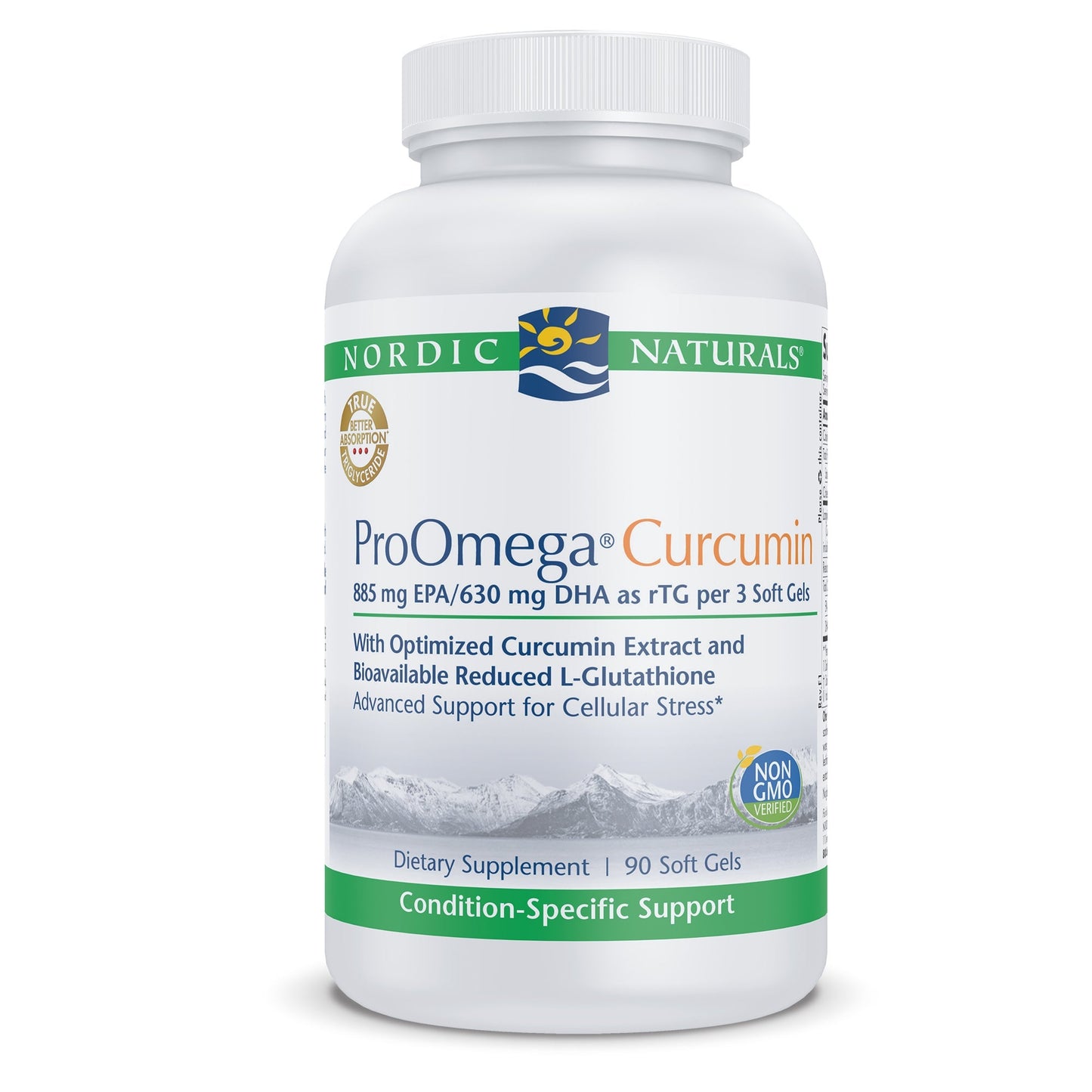 A bottle of Nordic Naturals ProOmega Curcumin, which is a dietary supplement with concentrated omega-3s and curcumin for cellular support.
