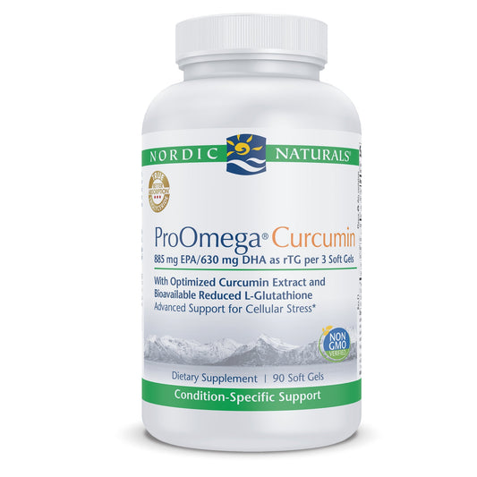 A bottle of Nordic Naturals ProOmega Curcumin, which is a dietary supplement with concentrated omega-3s and curcumin for cellular support.
