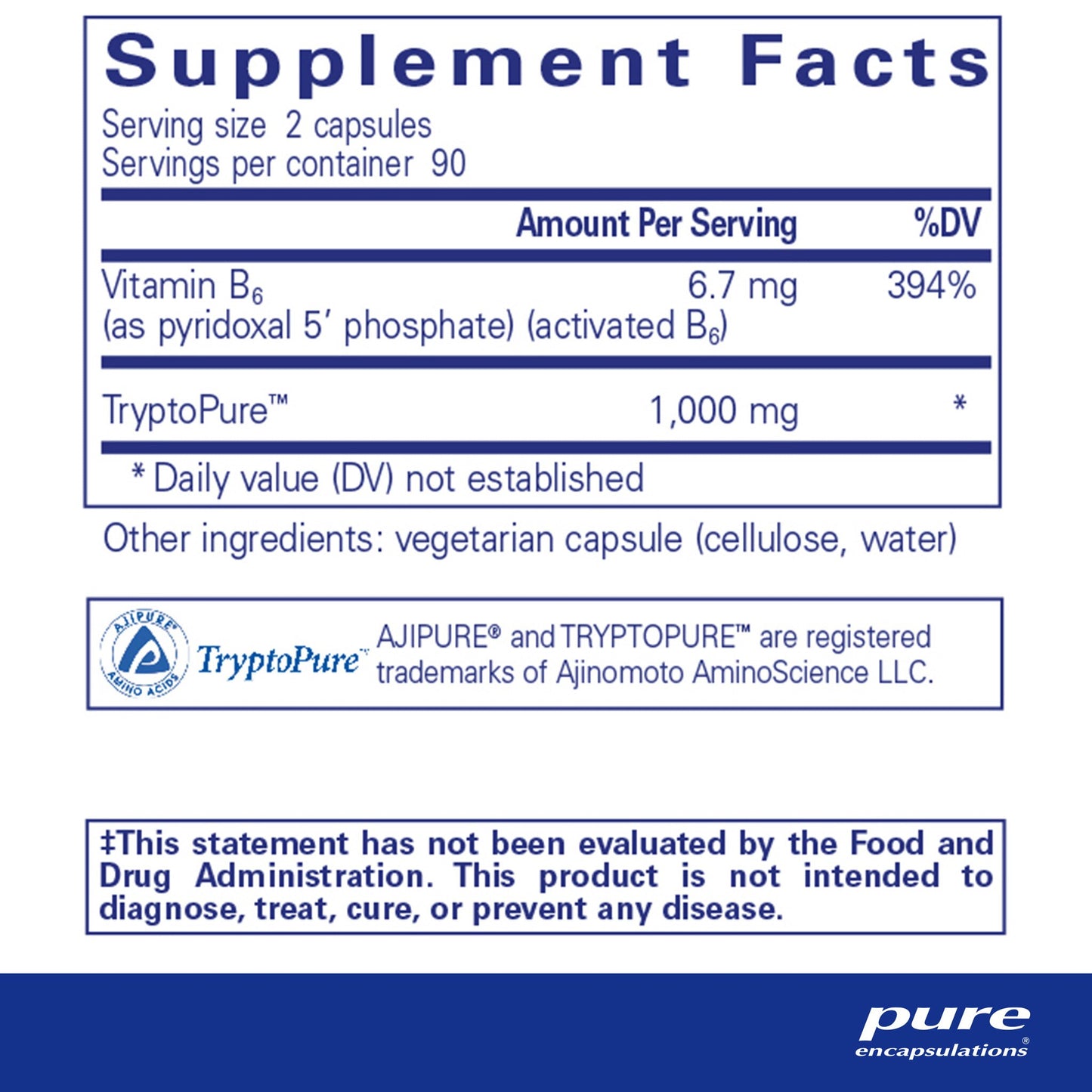 Supplement facts and ingredient information for a bottle of Pure Encapsulations L-Tryptophan dietary supplement