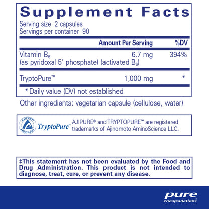 Supplement facts and ingredient information for a bottle of Pure Encapsulations L-Tryptophan dietary supplement