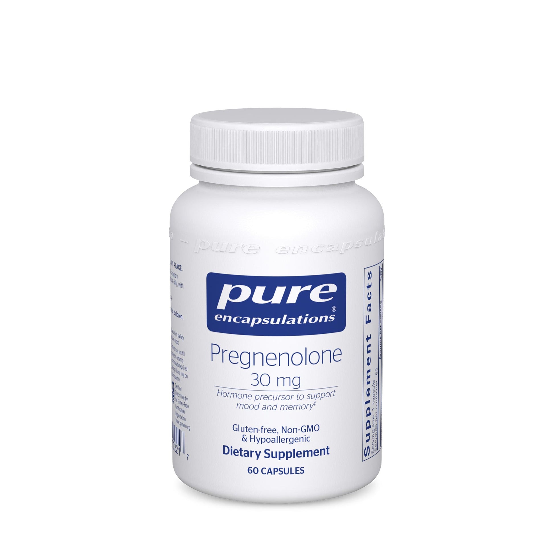 A bottle of Pure Encapsulations Pregnenolone 30 mg dietary supplement containing 60 capsules.