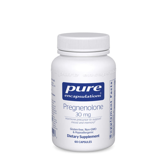 A bottle of Pure Encapsulations Pregnenolone 30 mg dietary supplement containing 60 capsules.
