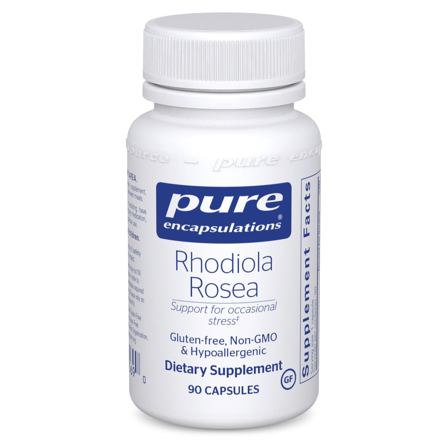A bottle of Pure Encapsulations Rhodiola Rosea dietary supplement, with 90 capsules, Gluten-free, Non-GMO, and Hypoallergenic.