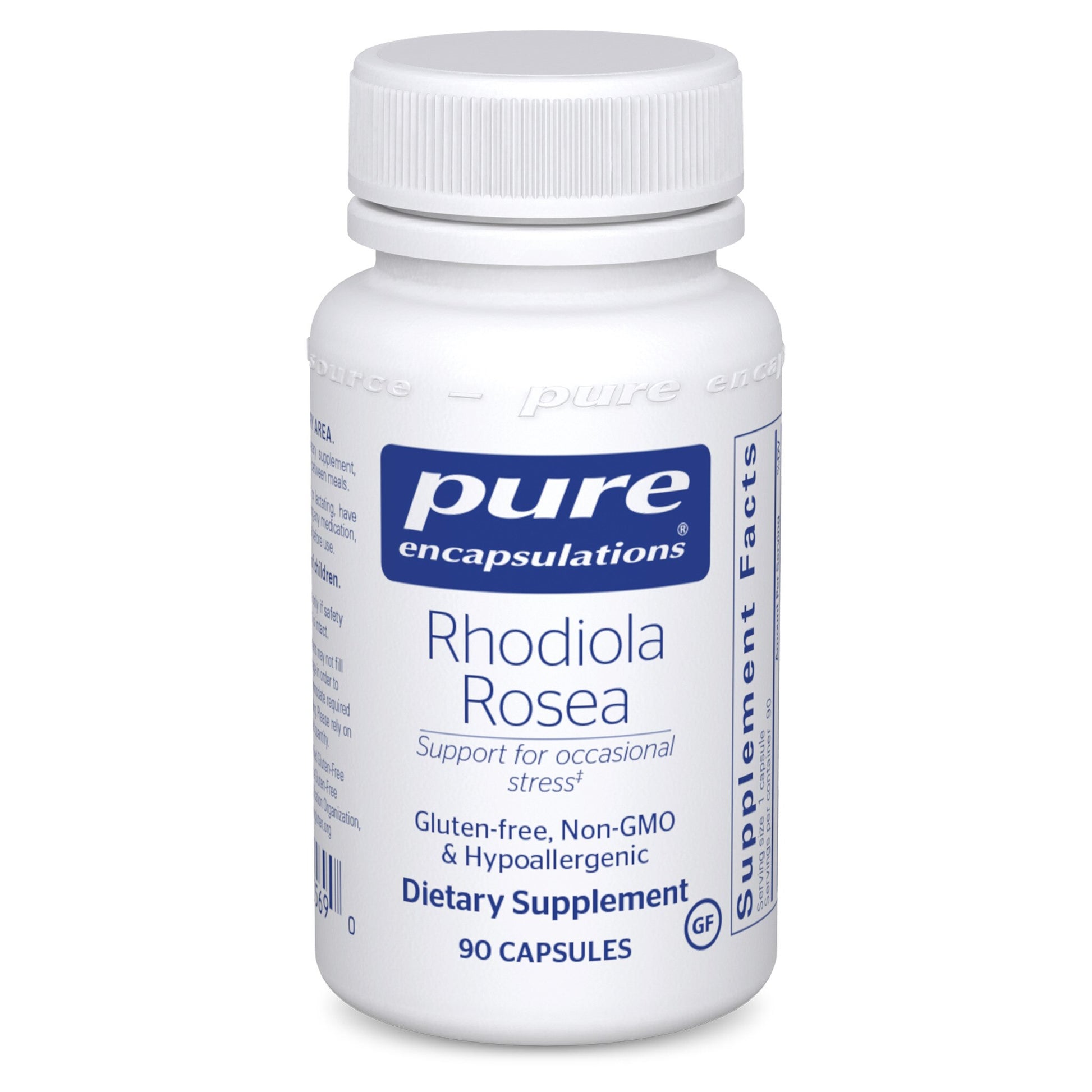 A bottle of Pure Encapsulations Rhodiola Rosea dietary supplement, with 90 capsules, Gluten-free, Non-GMO, and Hypoallergenic.