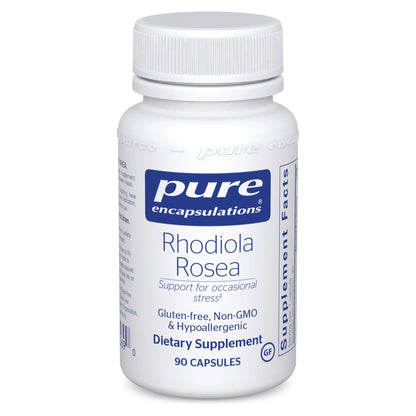 A bottle of Pure Encapsulations Rhodiola Rosea dietary supplement, with 90 capsules, Gluten-free, Non-GMO, and Hypoallergenic.