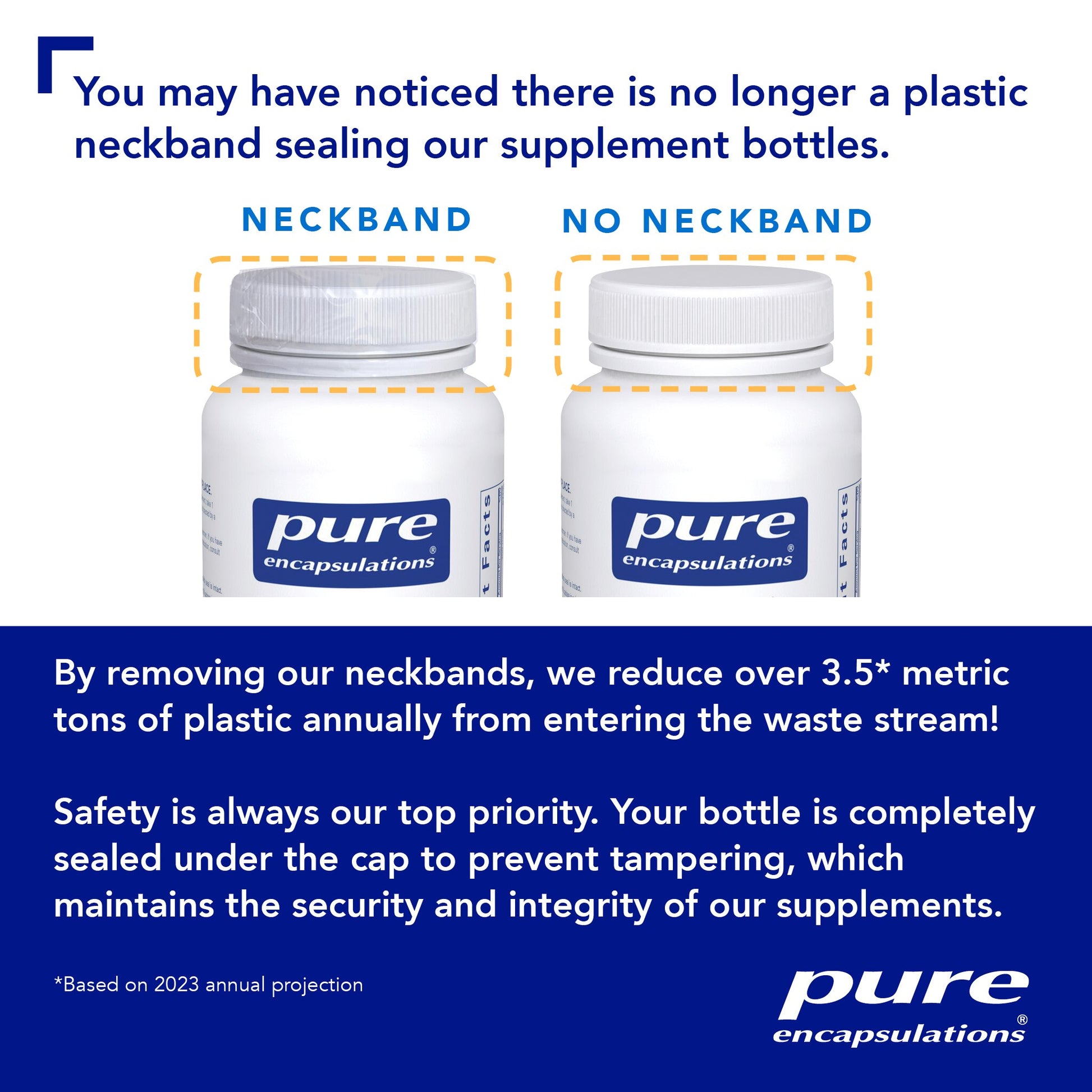 A picture of two bottles, one with and one without a neckband.  Pure Encapsulations no longer uses plastic neckbands.