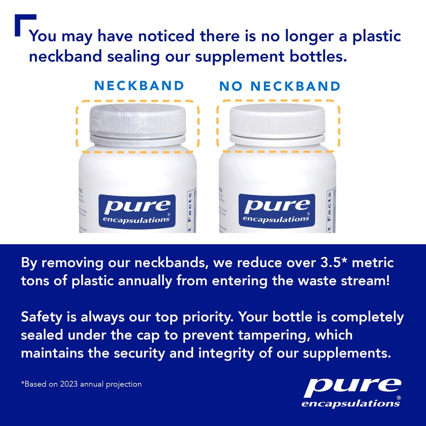 Information about how Pure Encapsulations did away with the plastic neckband to save plastic waste. There is now a seal under the cap.