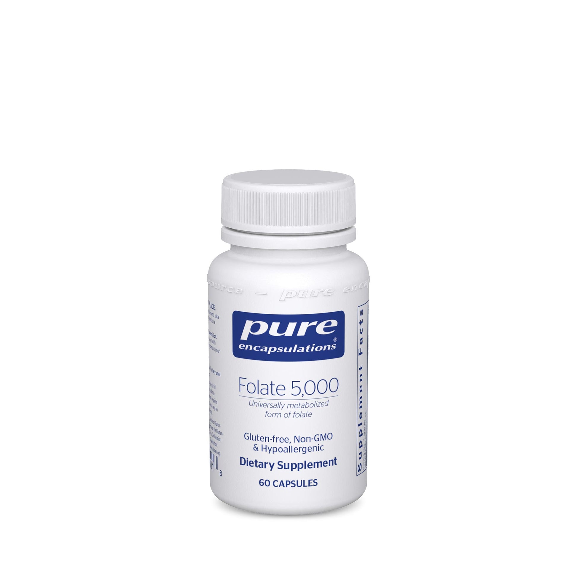 A bottle of Pure Encapsulations Folate 5,000 dietary supplement with 60 capsules.