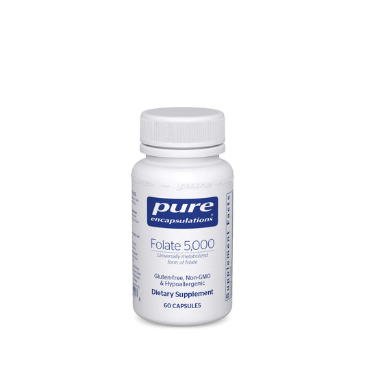 A bottle of Pure Encapsulations Folate 5,000 dietary supplement with 60 capsules.