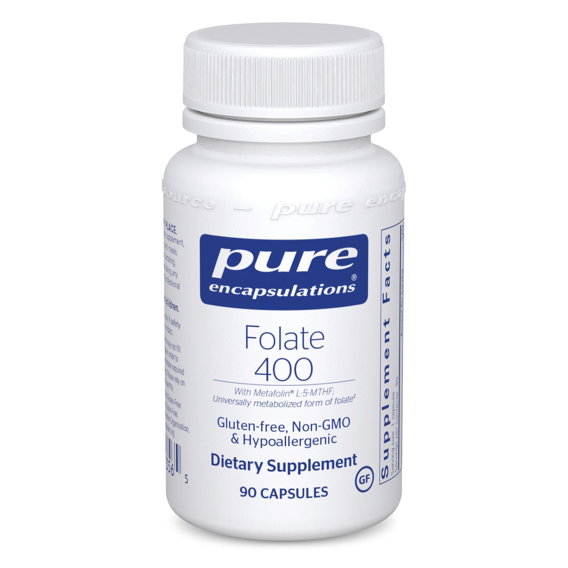 A bottle of Pure Encapsulations Folate 400 dietary supplement with 90 capsules.