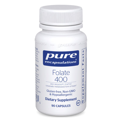 A bottle of Pure Encapsulations Folate 400 dietary supplement with 90 capsules.