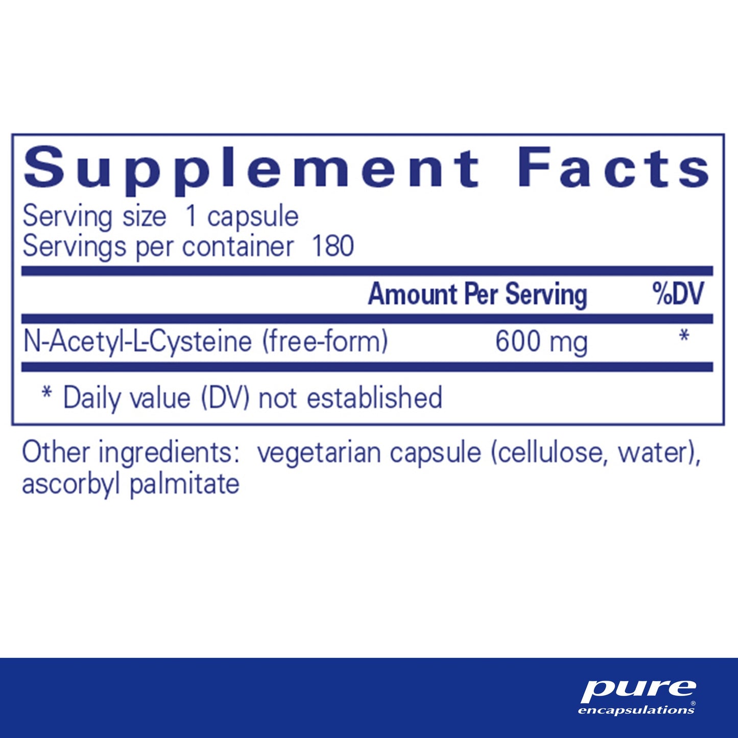 Supplement facts and ingredientg information for A bottle of Pure Encapsulations NAC (N-Acetyl-l-Cysteine) 600 mg dietary supplement 