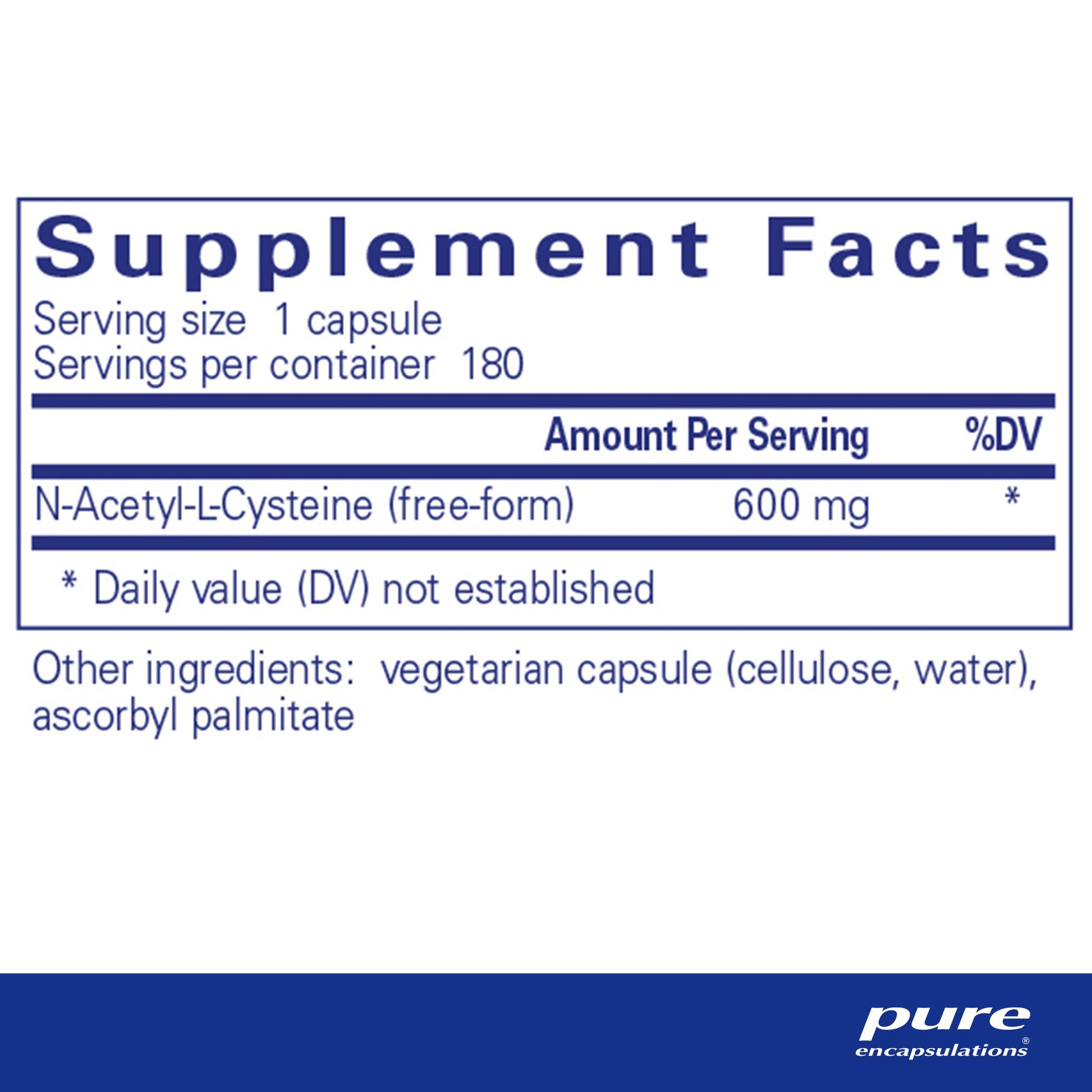 Supplement facts and ingredientg information for A bottle of Pure Encapsulations NAC (N-Acetyl-l-Cysteine) 600 mg dietary supplement 