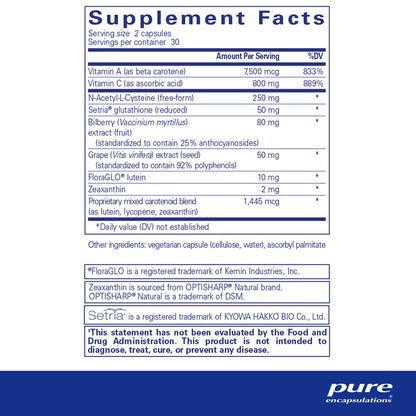 Supplement facts and ingredient information for a bottle of Pure Encapsulations Macular Support Formula dietary supplement