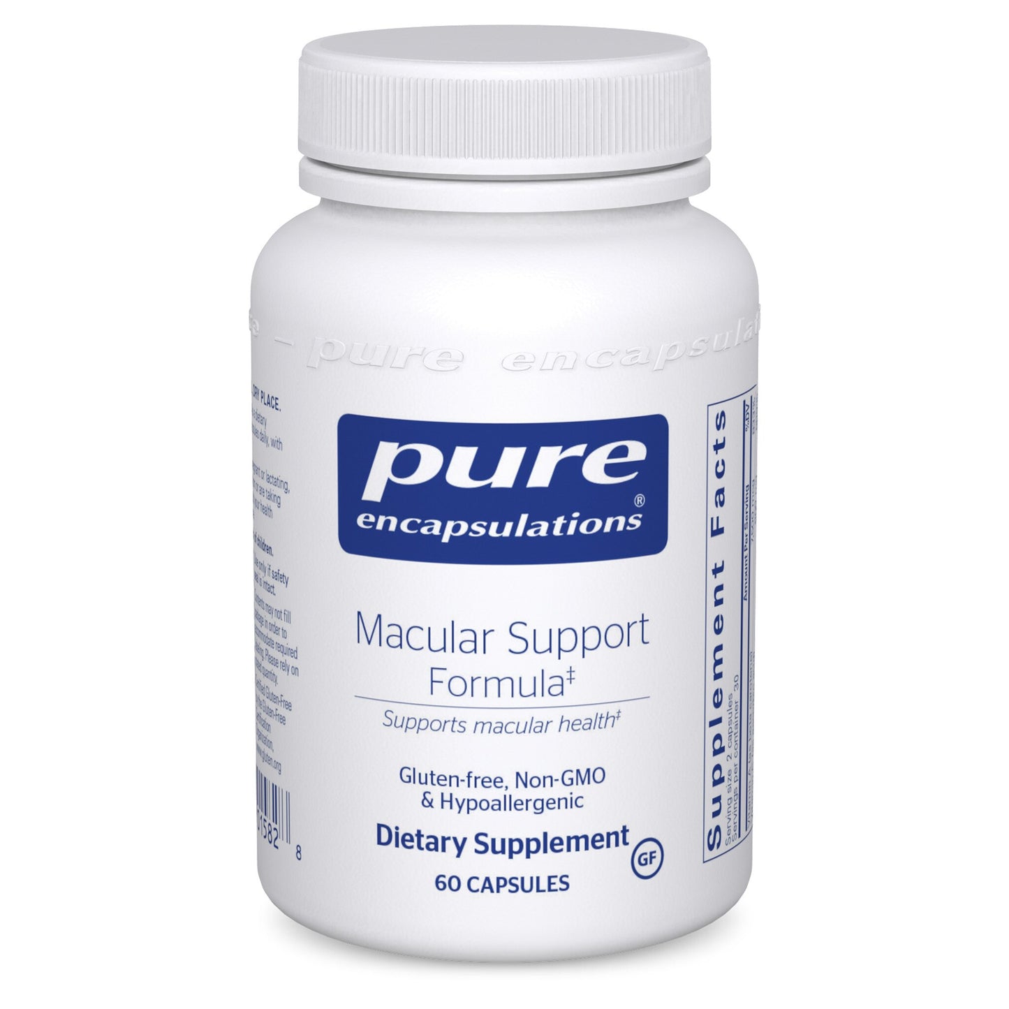 A bottle of Pure Encapsulations Macular Support Formula dietary supplement with 60 capsules.