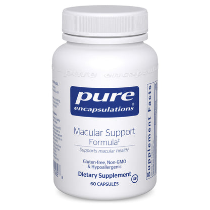 A bottle of Pure Encapsulations Macular Support Formula dietary supplement with 60 capsules.