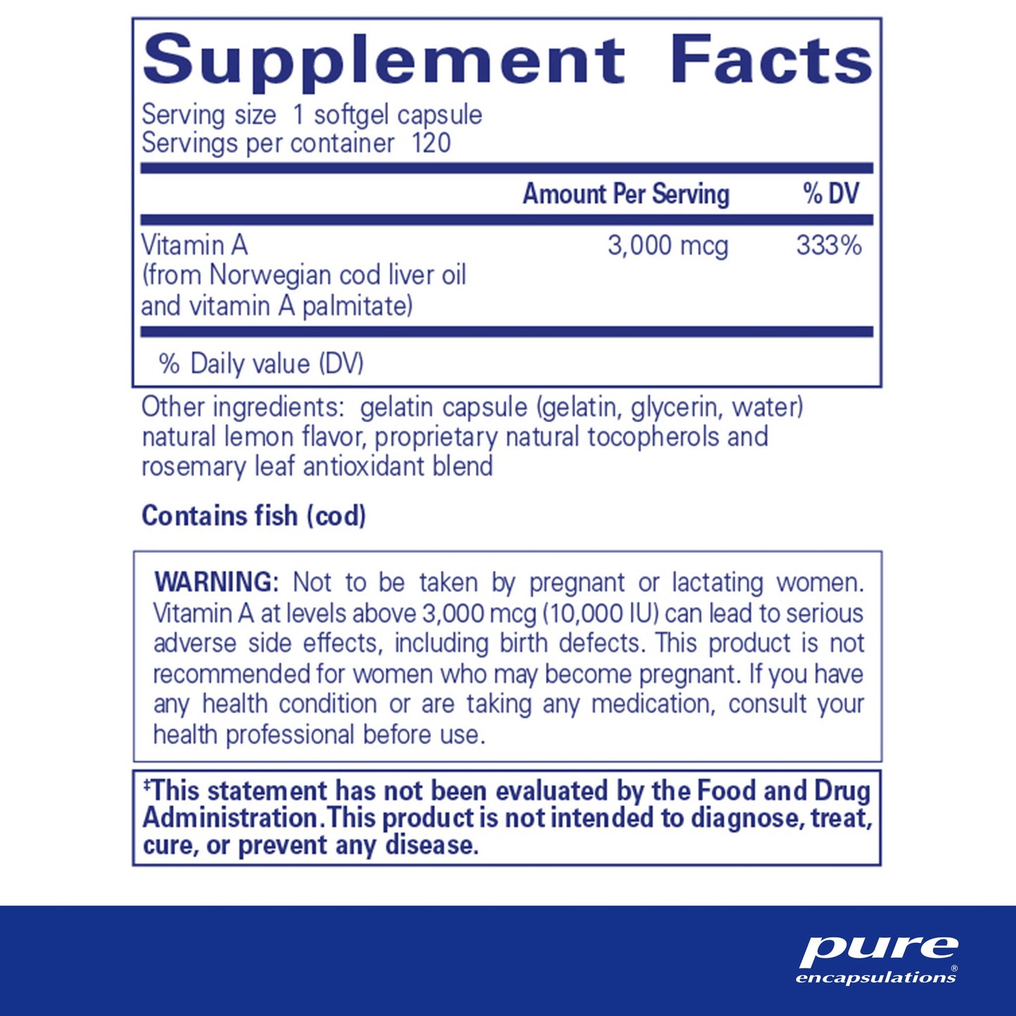 Supplement facts and ingredient information for  bottle of Pure Encapsulations Vitamin A supplement with 3,000 mcg