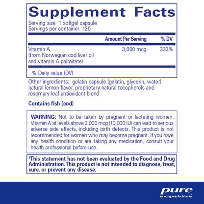 Supplement facts and ingredient information for  bottle of Pure Encapsulations Vitamin A supplement with 3,000 mcg