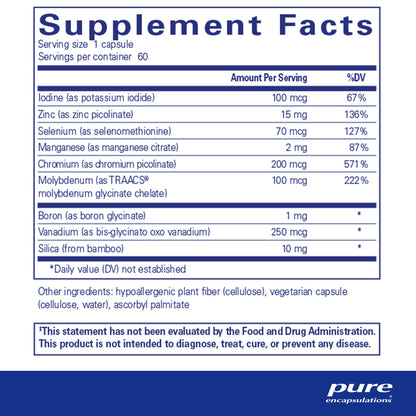 Supplement facts and ingredient information for a bottle of Pure Encapsulations Trace Minerals dietary supplement