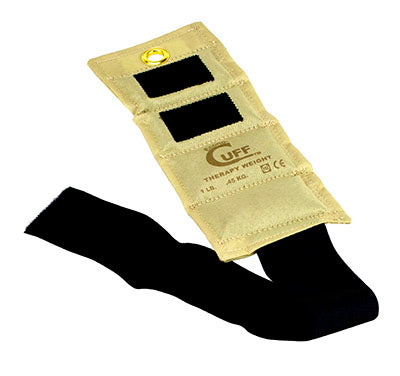 A beige EconoCuff ankle and wrist weight with a black strap and the brand label visible.