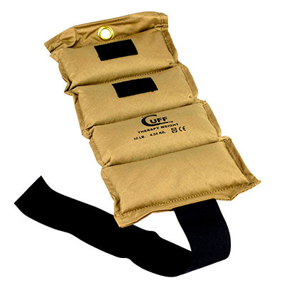 A beige EconoCuff ankle and wrist weight with a black strap and the brand label visible.