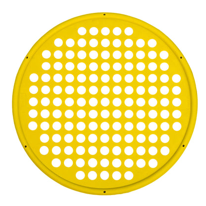A round, yellow-colored exercise web with a series of holes evenly spaced throughout for hand placement, designed for physical therapy exercises. Extra Light resistance