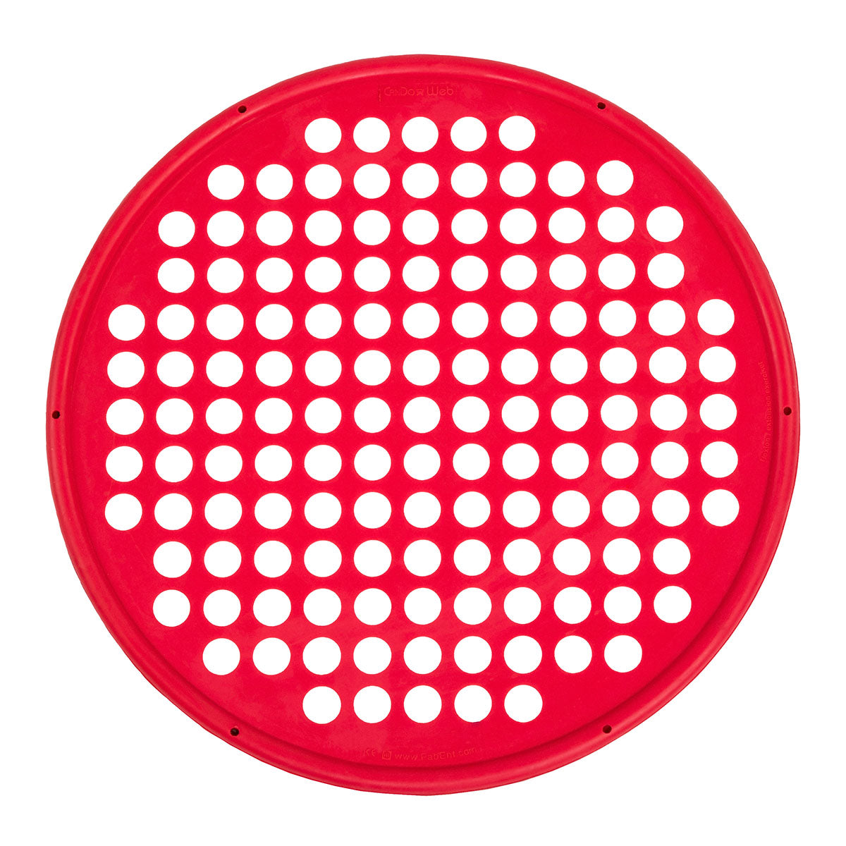 A round, red-colored exercise web with a series of holes evenly spaced throughout for hand placement, designed for physical therapy exercises. Light resistance