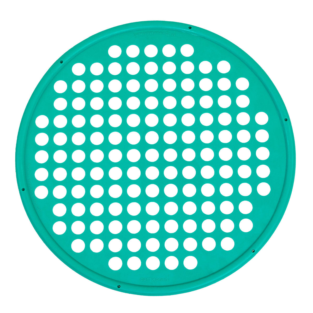 A round, green-colored exercise web with a series of holes evenly spaced throughout for hand placement, designed for physical therapy exercises. Medium resistance