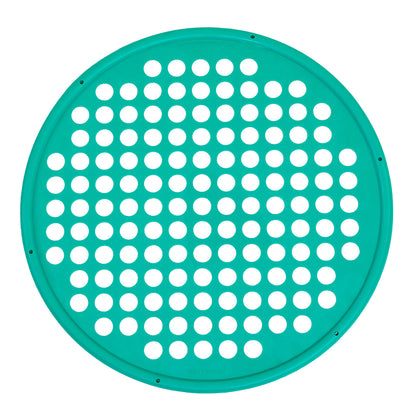 A round, green-colored exercise web with a series of holes evenly spaced throughout for hand placement, designed for physical therapy exercises. Medium resistance