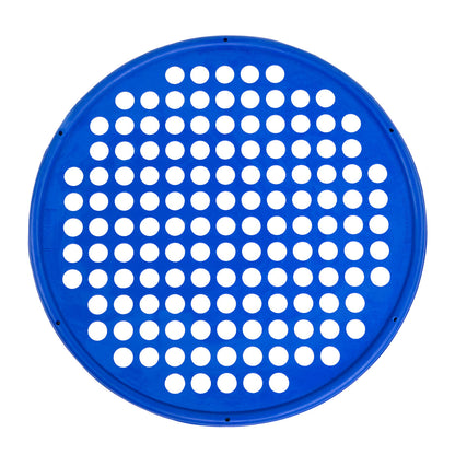 A round, blue-colored exercise web with a series of holes evenly spaced throughout for hand placement, designed for physical therapy exercises. Heavy resistance