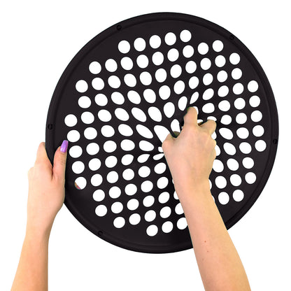 A round, black-colored exercise web with a series of holes evenly spaced throughout for hand placement, designed for physical therapy exercises. Extra heavy resistance