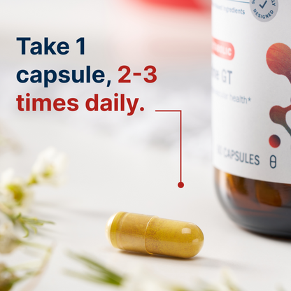 Capsule and bottle with text on a blurred natural background