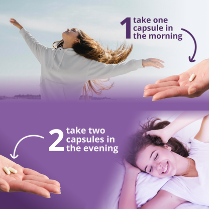 Advertisement showing a woman waking up and taking capsules with text instructions on a purple background.