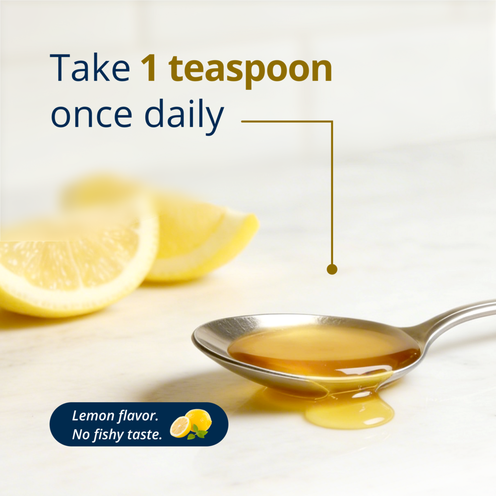A picture showing a teaspoon indicating that A bottle of Metagenics Omegagenics 5 in 1 liquid fish oil has a lemon taste
