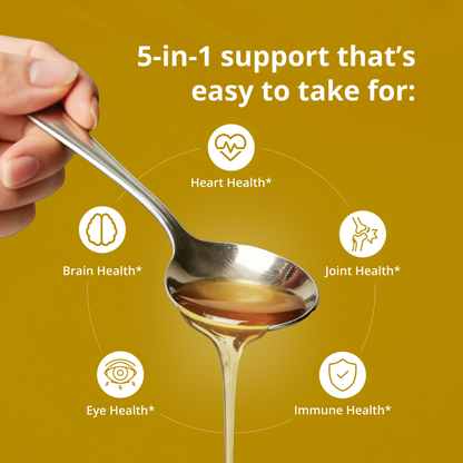 A picture showing that Metagenics Omegagenics 5 in 1 liquid fish oil supports your health in 5 different ways.