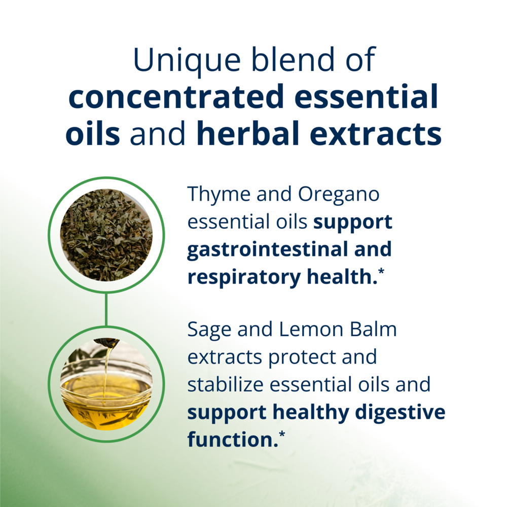 Promotional graphic about concentrated essential oils and herbal extracts with text and images of herbs.