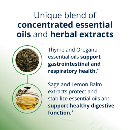 Promotional graphic about concentrated essential oils and herbal extracts with text and images of herbs.