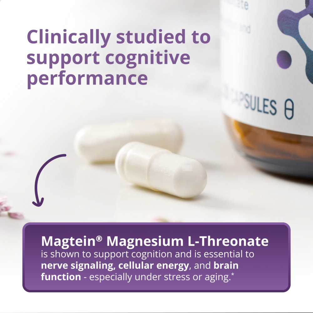 Magtein Magnesium L-Threonate capsules with text about cognitive support on a white background