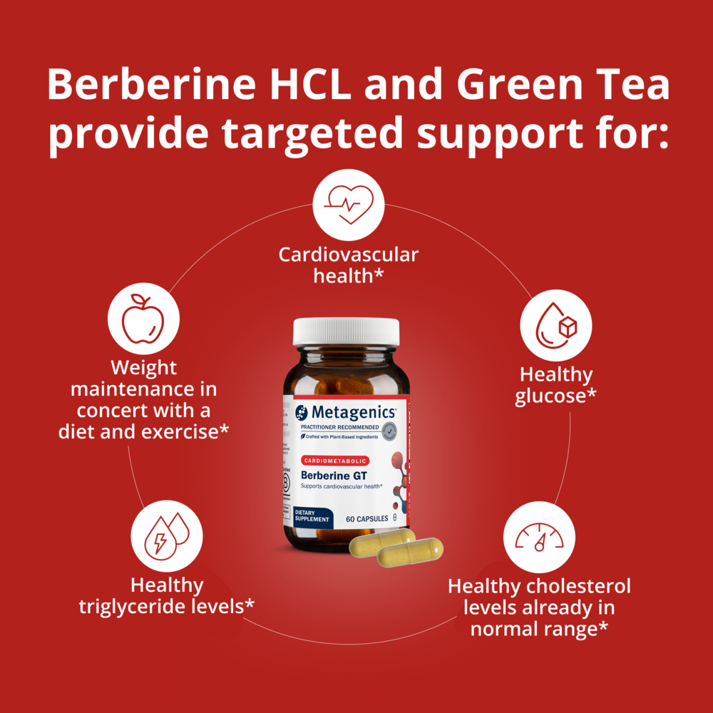 Metagenics Berberine GT supplement bottle with health benefits on a red background