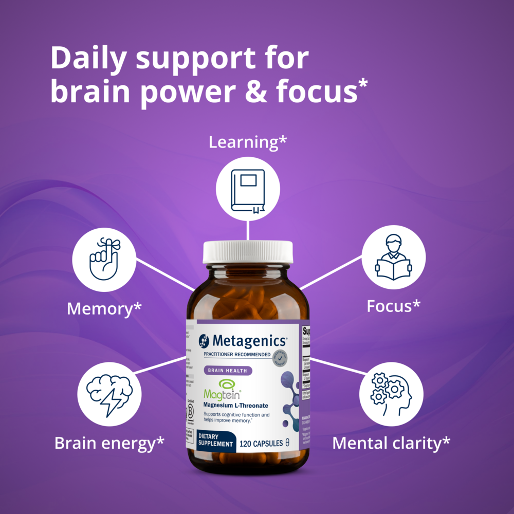 Metagenics brain supplement bottle with icons and text on a purple background