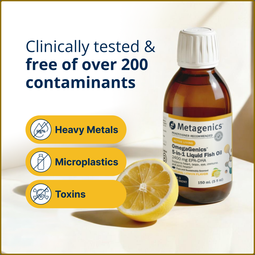 Metagenics liquid fish oil bottle with lemon on a light background, featuring text about contaminant-free status.