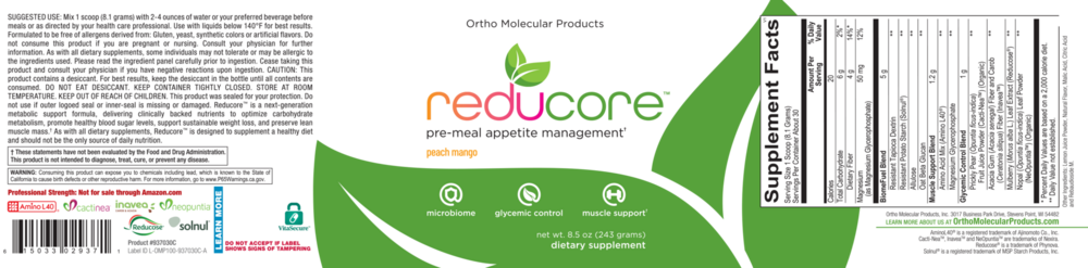 Supplement label for 'reducore' with green leaf design and text.