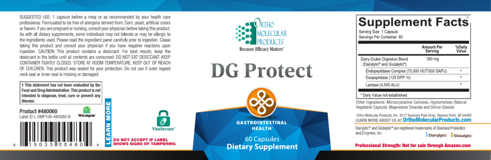 Supplement label for DG Protect dietary supplement with text and graphics on a blue background.