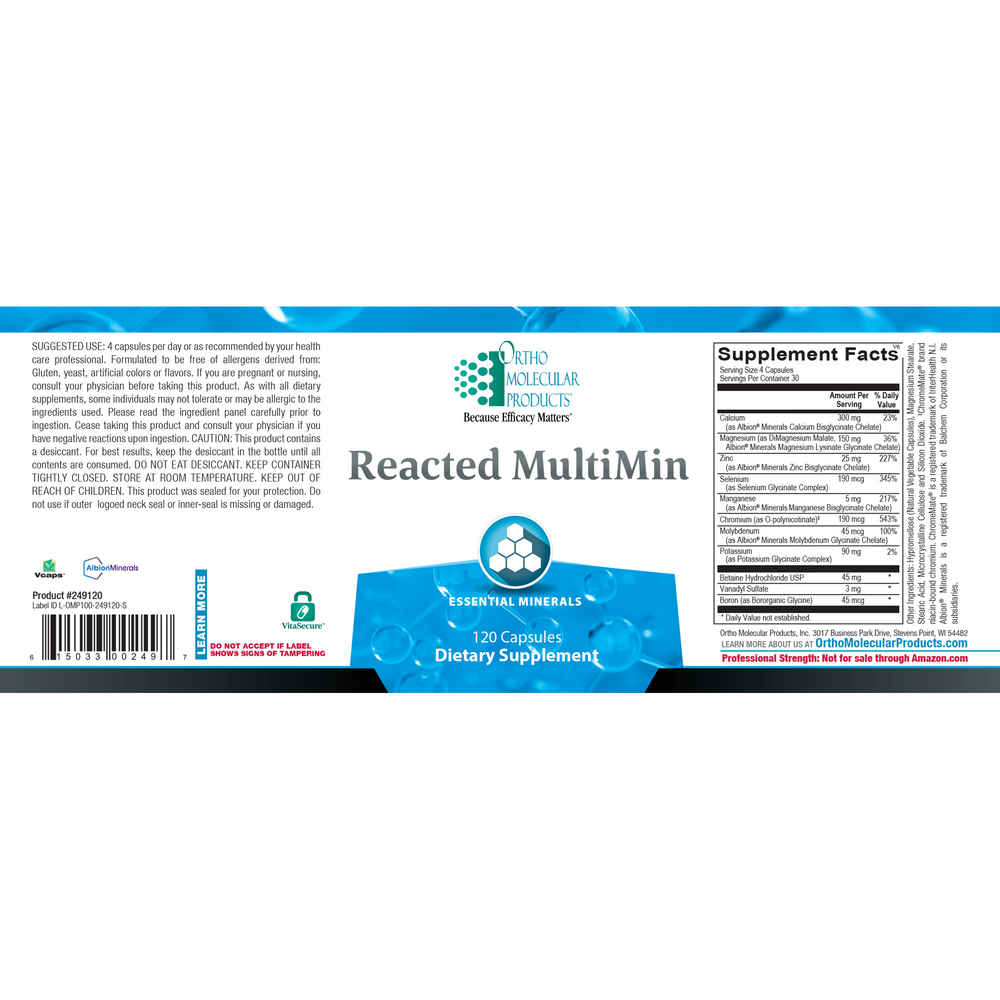 Supplement label for 'Reacted MultiMin' by Natures Plus on a white background