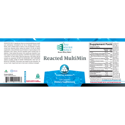 Supplement label for 'Reacted MultiMin' by Natures Plus on a white background