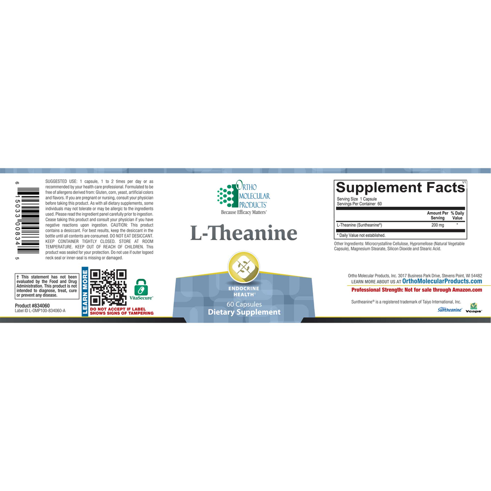 Supplement label for L-Theanine capsules with supplement facts and branding.